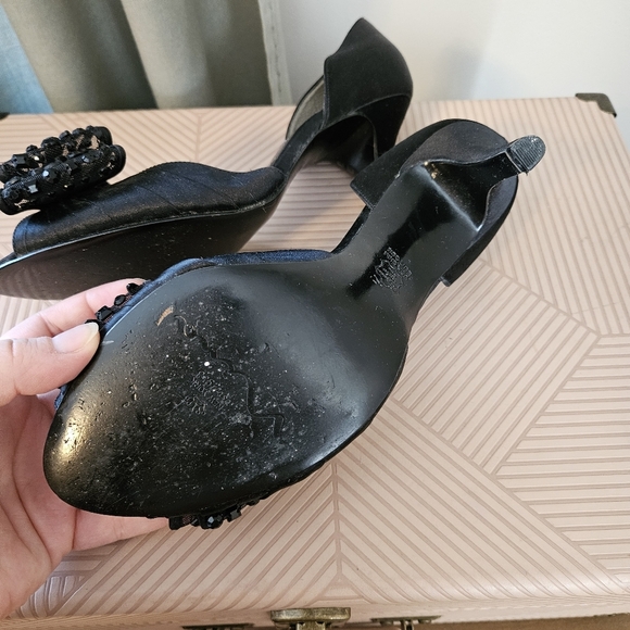 Nina Heels Elegant Black Bow Jeweled Open Toe Neutral Cocktail Prom Party Guest - Picture 8 of 9